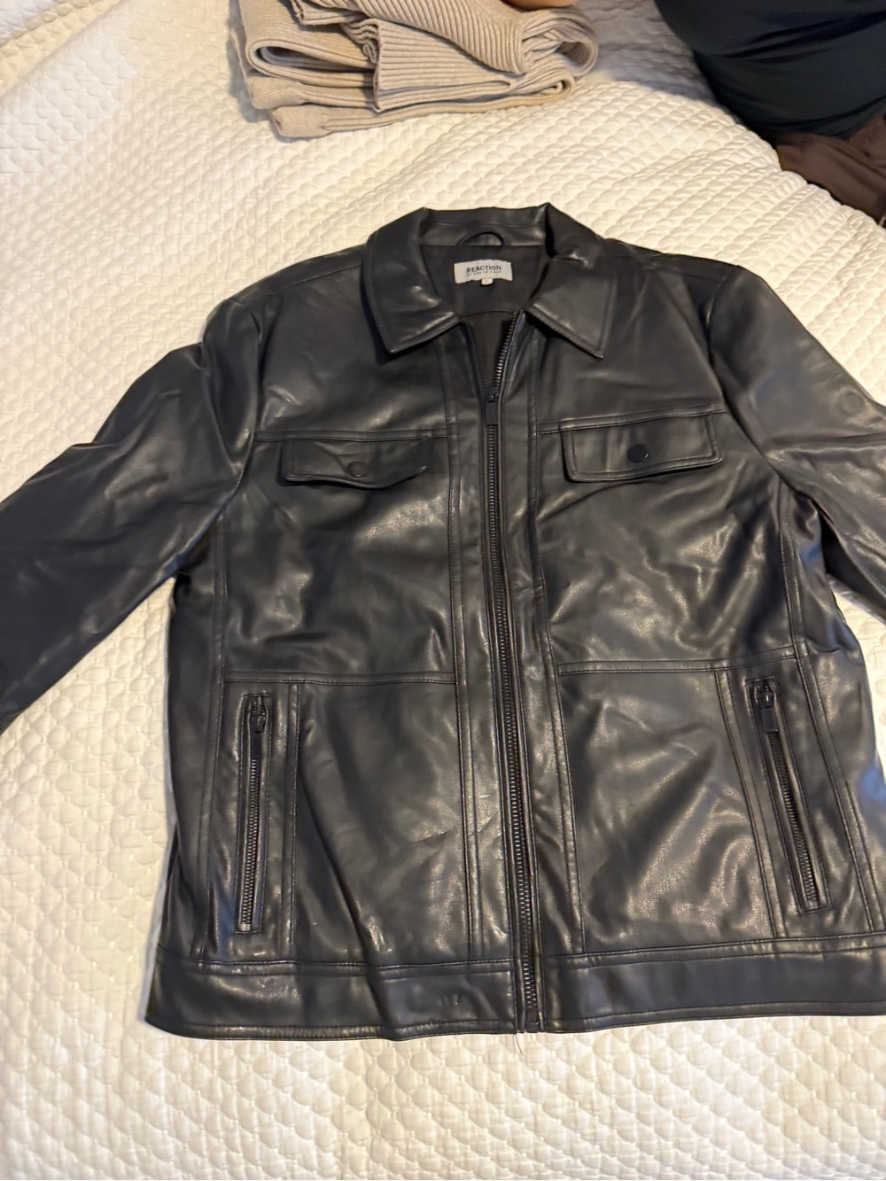 Reaction Kenneth Cole Black Leather Zip Jacket with Flap Pockets